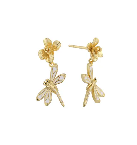 PLE08080 925スターリングシルバー トンボと花のエナメルイヤリング