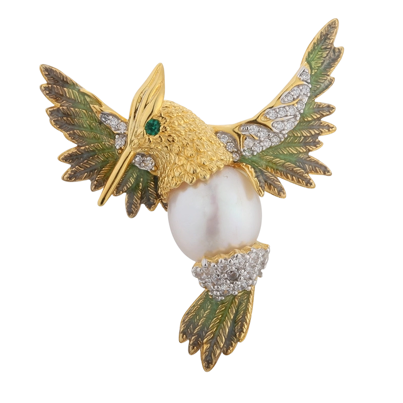 C00594 925スターリングシルバー パールバード エナメルブローチ