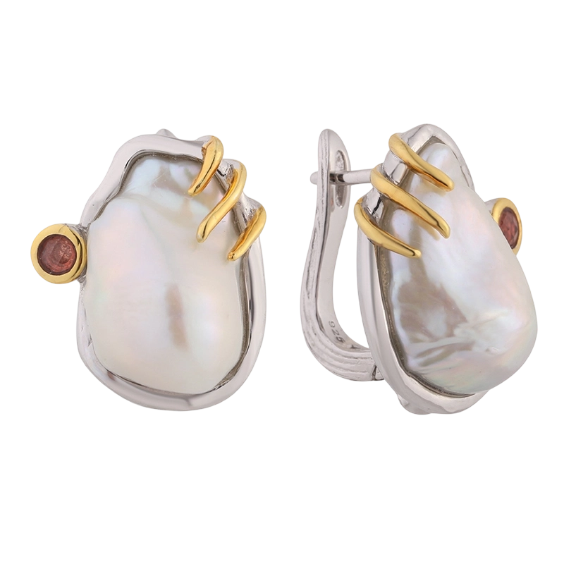 YE03283 925スターリングシルバー ガーネット バロックパール イヤリング